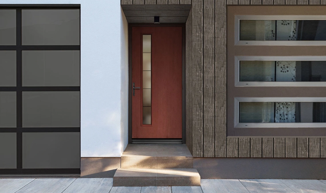 Modern entry door with narrow glass panel