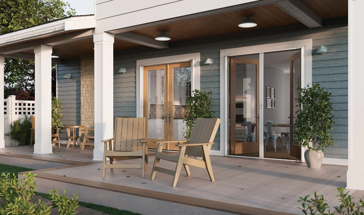 Patio and sliding glass doors connecting a home to an outdoor area